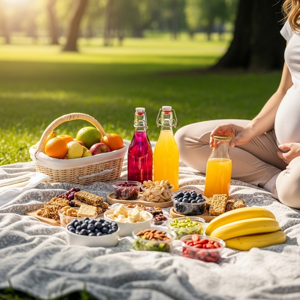 A beautifully arranged picnic spread on a soft blanket in a sunlit park, featuring a variety of travel-friendly foods ideal for pregnancy nutrition: vibrant fruits like blueberries and bananas, wholesome snacks like nuts and granola bars, and refreshing beverages in stylish glass bottles. The scene exudes a serene and inviting atmosphere, with a pregnant woman enjoying the meal, surrounded by lush greenery and gentle sunlight filtering through the trees., realistic, high quality, DSLR photo