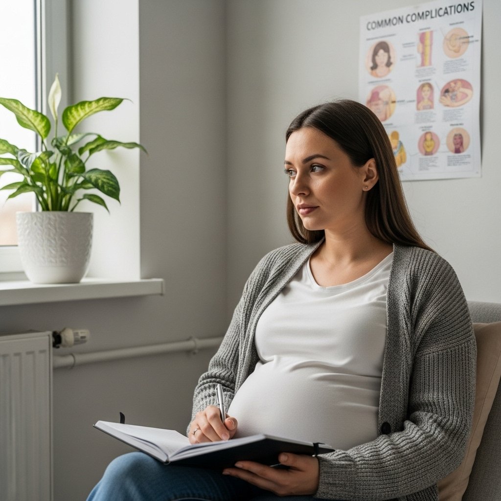 A close-up, high-quality DSLR-style photo of a concerned pregnant woman sitting in a cozy, well-lit doctor's office, holding a notebook filled with notes. She is looking thoughtfully at a chart on the wall that illustrates common pregnancy complications. The room is decorated with calming colors, and a potted plant is visible in the background, adding a sense of tranquility to the scene., realistic, high quality, DSLR photo