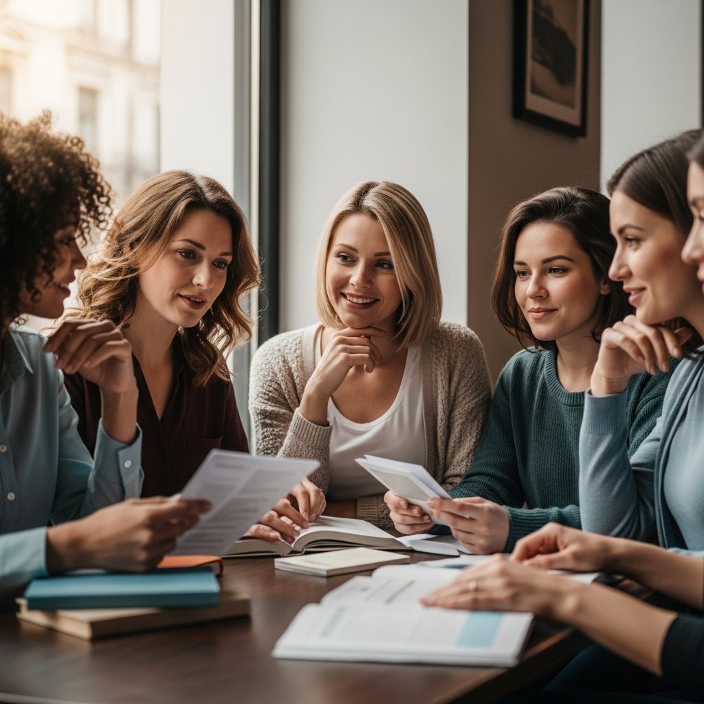 A close-up, realistic photograph of a diverse group of expecting mothers engaged in a discussion at a cozy, well-lit café, surrounded by books and pamphlets about pregnancy. Each woman displays a mix of expressions—curious, thoughtful, and amused—as they share and debunk common pregnancy myths, with soft natural light filtering through the window, casting gentle shadows on their faces., realistic, high quality, DSLR photo