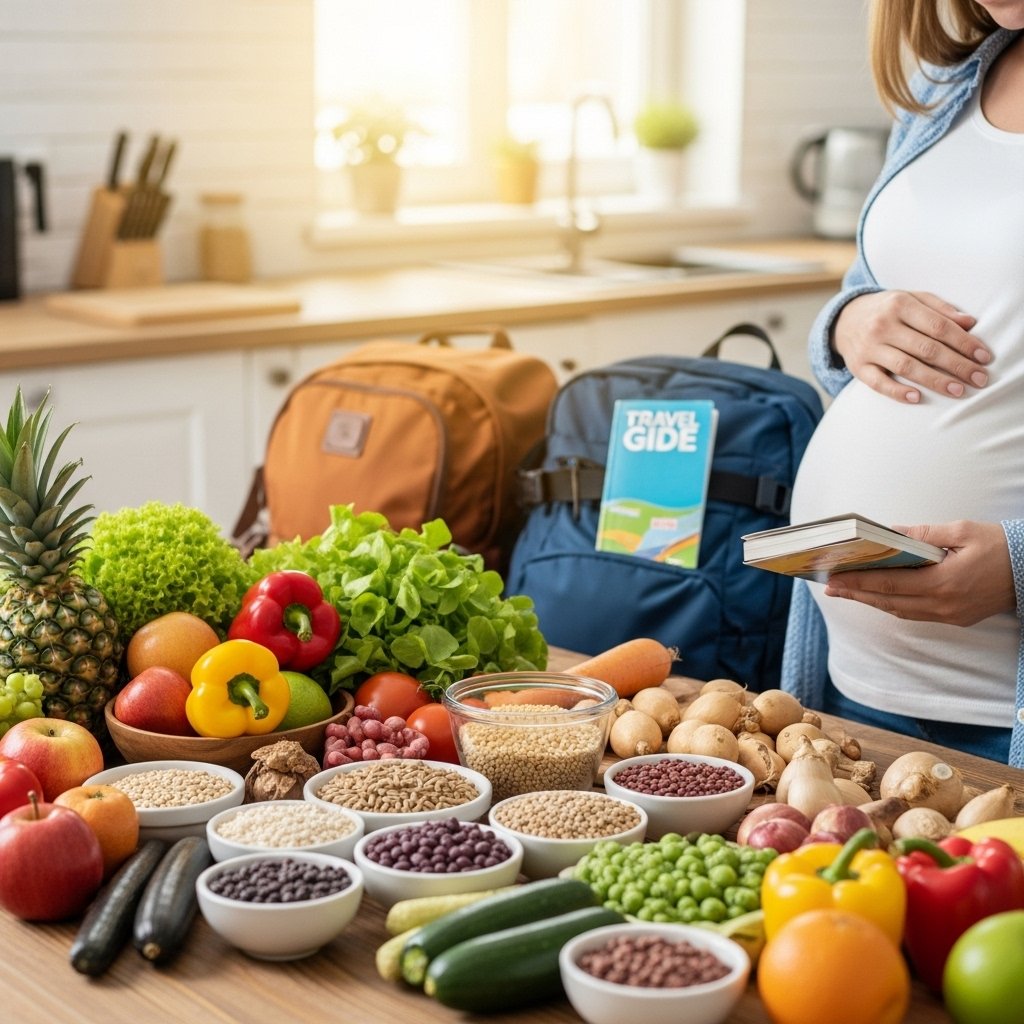 A close-up shot of a vibrant and colorful spread of fresh fruits, vegetables, grains, and legumes arranged on a rustic wooden table, with a soft-focus background of a cozy, sunlit kitchen. The scene includes a pregnant woman thoughtfully selecting ingredients, surrounded by a few travel essentials like a backpack and a travel guidebook, emphasizing a balance of healthy eating and budget-friendly travel., realistic, high quality, DSLR photo