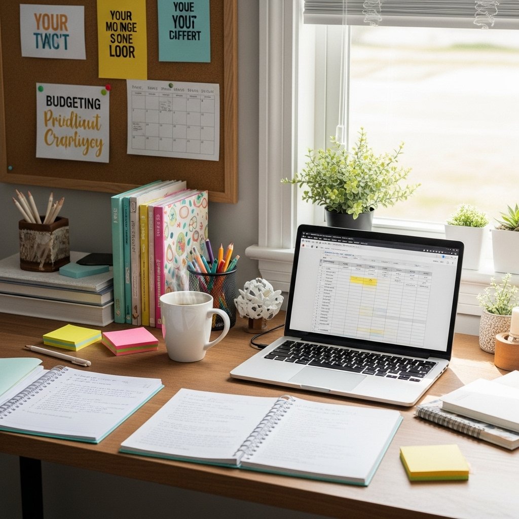 A cozy, well-organized home workspace featuring a budget-friendly labor preparation setup. A wooden desk adorned with colorful planners, sticky notes, and a laptop open to a budgeting spreadsheet. Natural light floods in through a window, illuminating a steaming cup of coffee and a notepad filled with handwritten notes. In the background, a bulletin board displays motivational quotes and a calendar marked with important dates. The scene conveys a sense of focus and practicality, perfect for preparing for labor efficiently on a budget., realistic, high quality, DSLR photo