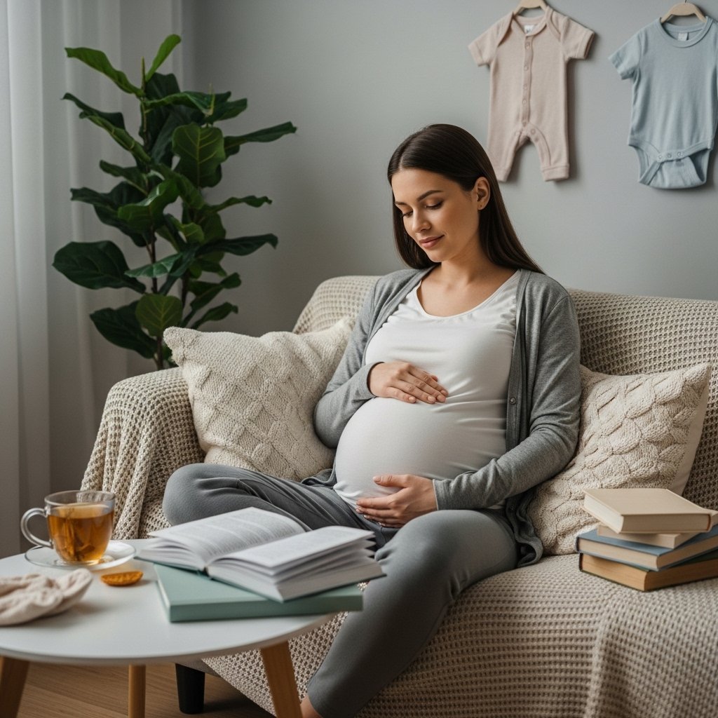 A high-quality, realistic DSLR-style photo showcasing a serene, expectant mother sitting in a cozy, softly-lit living room, surrounded by pregnancy-related books and health resources. She is gently cradling her baby bump, with a thoughtful expression, while a comforting cup of herbal tea rests on a side table. The background features nurturing elements like a plant and baby clothes, symbolizing the journey of managing pregnancy complications., realistic, high quality, DSLR photo