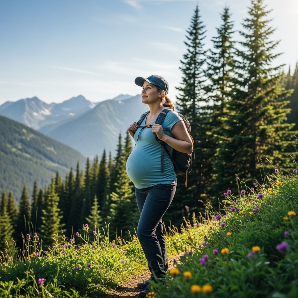 A pregnant woman hiking along a scenic mountain trail, wearing comfortable outdoor gear, with a serene expression on her face. The background features lush greenery, distant peaks, and a clear blue sky. She carries a small backpack and is surrounded by vibrant wildflowers, embodying strength and vitality during her pregnancy. The sunlight filters through the trees, casting a warm glow on her and the landscape., realistic, high quality, DSLR photo