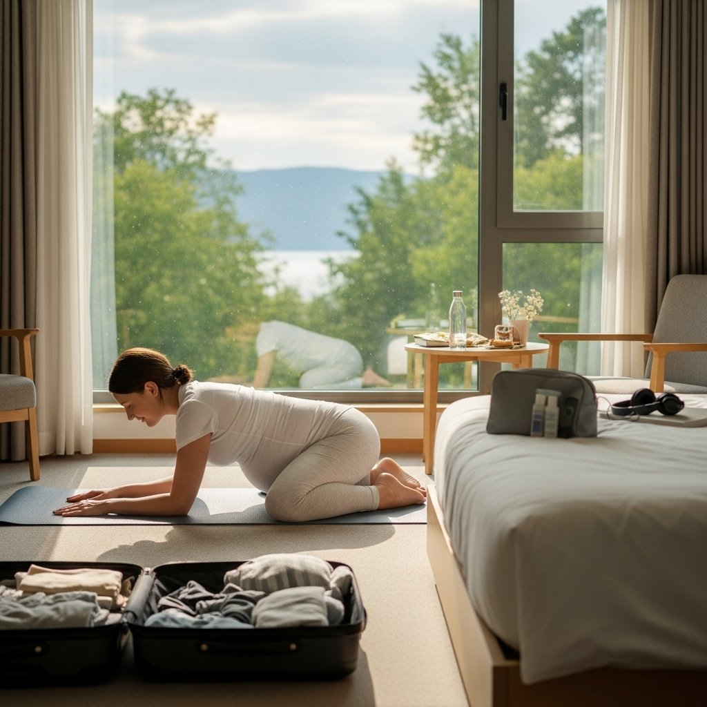 A pregnant woman in a bright, airy hotel room, practicing gentle yoga on a mat, surrounded by travel essentials like a suitcase and a calming view of nature through the window, embodying tranquility and fitness during pregnancy. The scene captures soft natural light, highlighting her serene expression and the supportive environment., realistic, high quality, DSLR photo