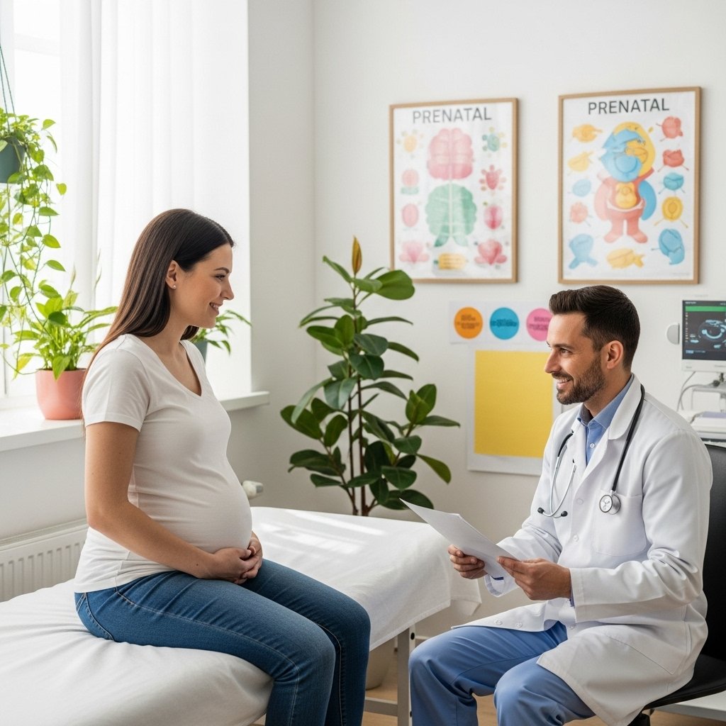 A serene, bright doctor's office with a pregnant woman sitting on an examination table, looking at a friendly doctor who is reviewing a chart. The room is filled with soft natural light, potted plants, and colorful prenatal posters on the walls, creating a welcoming atmosphere. A stethoscope hangs around the doctor's neck, and a fetal monitor is visible in the background, symbolizing care and professionalism., realistic, high quality, DSLR photo