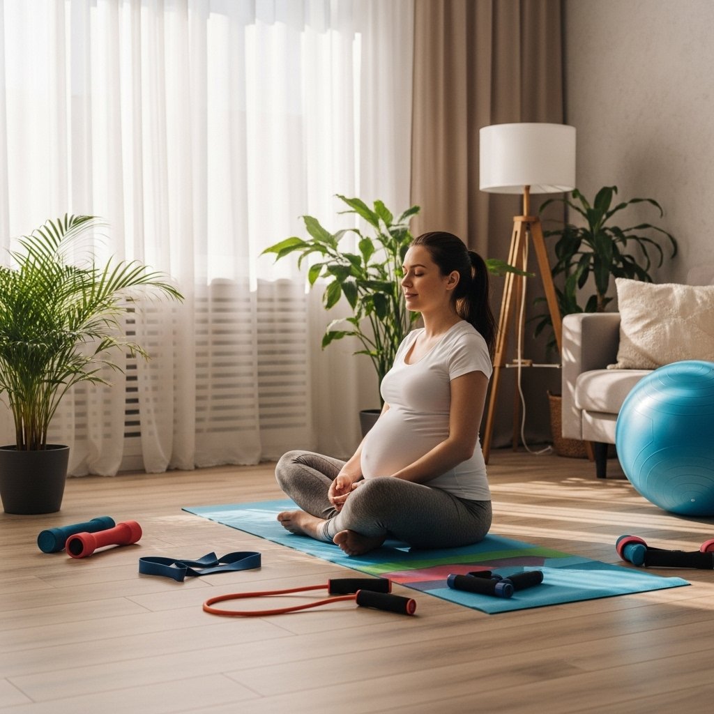 A serene, budget-friendly home workout scene featuring a pregnant woman in comfortable athletic wear, practicing yoga on a colorful mat in a sunlit living room. Surrounding her are affordable workout tools like resistance bands and a stability ball, with a cozy atmosphere enhanced by houseplants and soft natural light filtering through sheer curtains. The woman radiates calm and focus, embodying the essence of wellness during pregnancy., realistic, high quality, DSLR photo