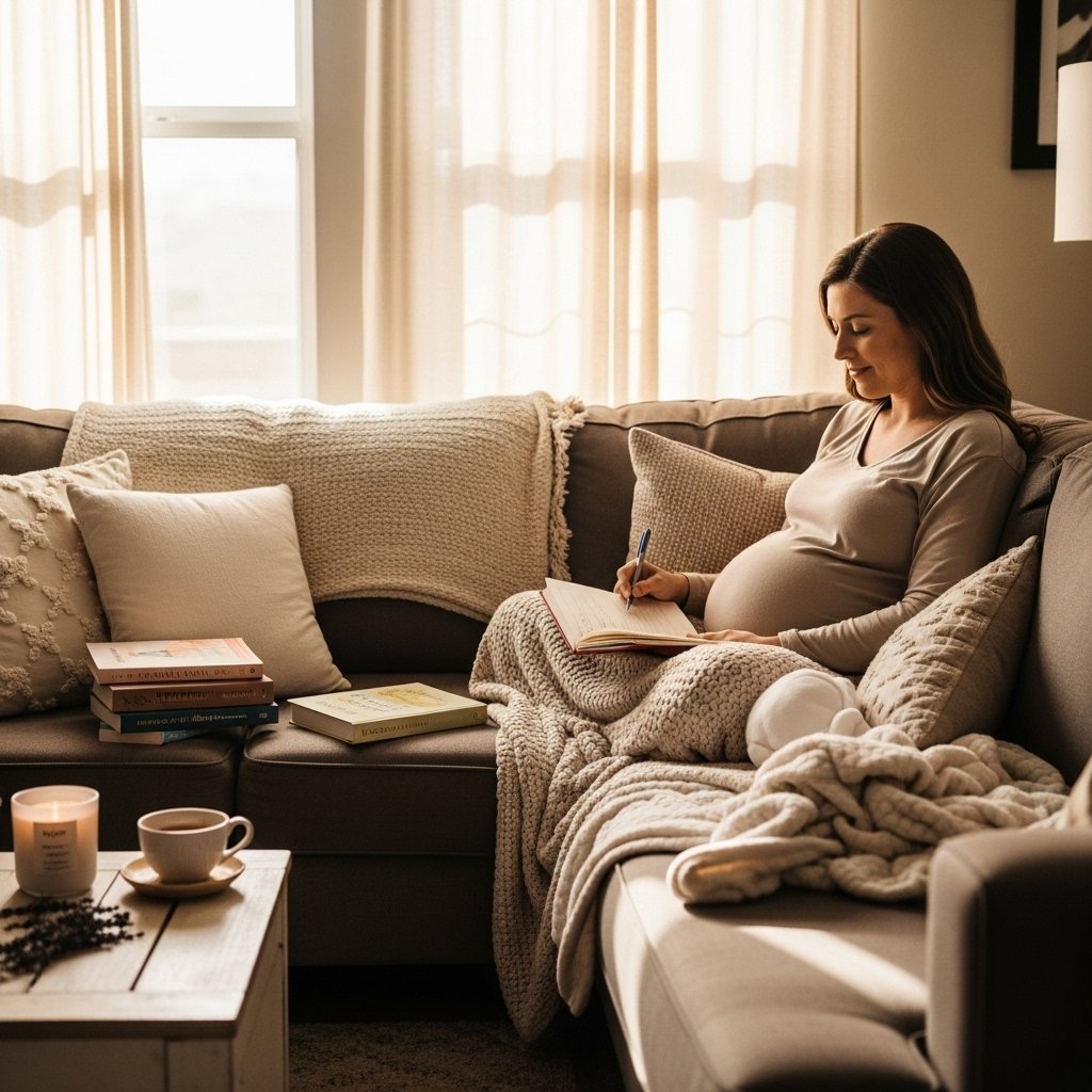 A serene, expectant mother sitting on a cozy, well-lit living room couch, surrounded by soft baby blankets and birthing books, with a journal and pen in her lap, calmly preparing for labor. The warm sunlight filters through sheer curtains, casting gentle shadows, while a small table nearby holds a cup of herbal tea and a soothing lavender candle., realistic, high quality, DSLR photo