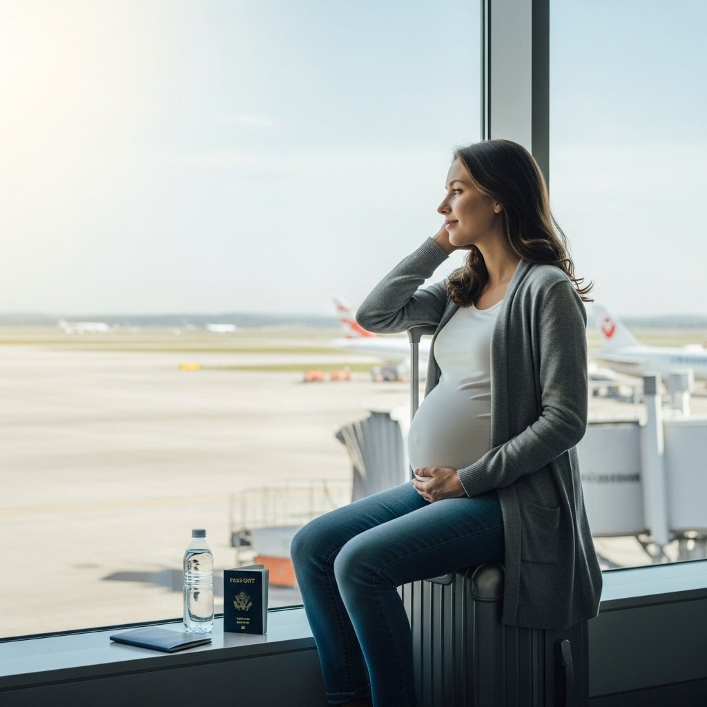 A serene, expectant mother sitting on a suitcase at an airport, gazing thoughtfully out a large window at a bustling runway, surrounded by travel essentials like a passport and a water bottle. Soft natural light filters through the glass, highlighting her glowing face and the gentle curve of her baby bump, capturing a moment of reflection amidst the chaos of travel., realistic, high quality, DSLR photo