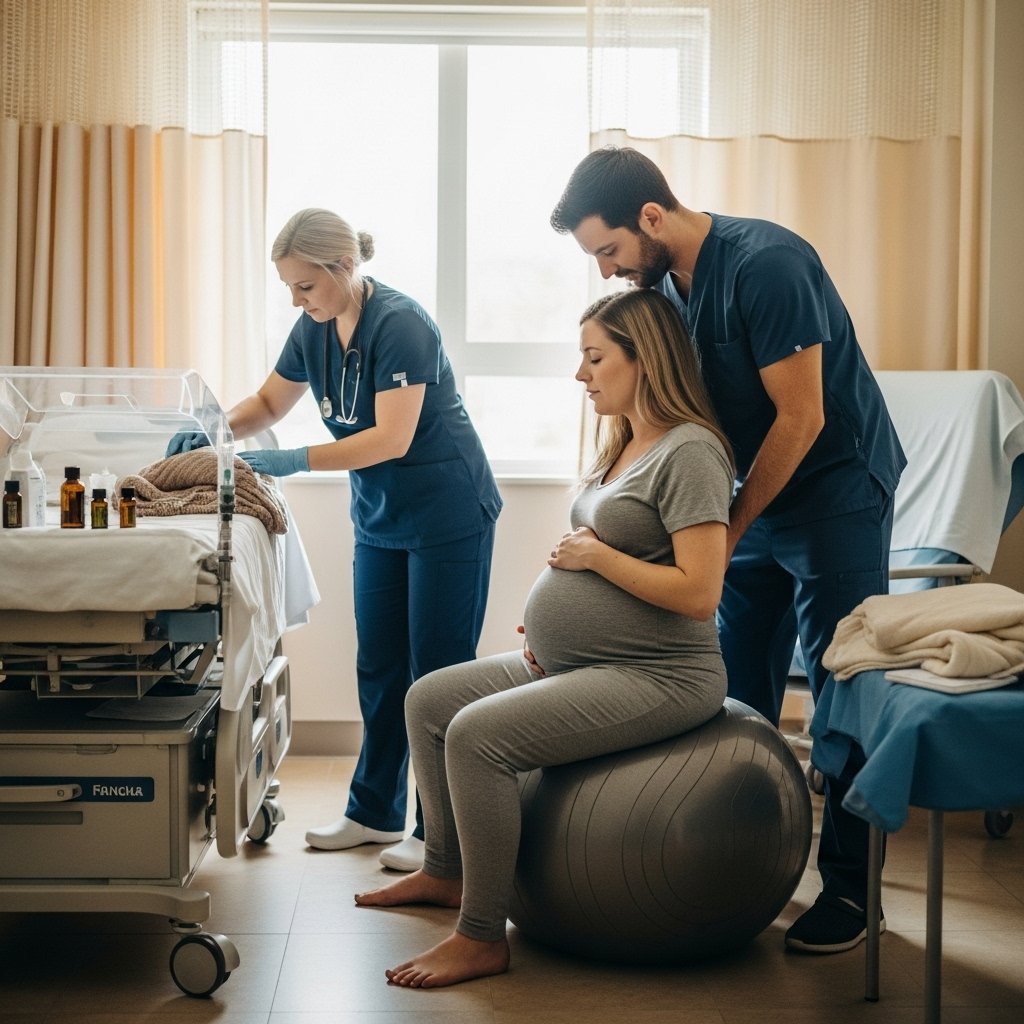 A serene hospital delivery room, softly lit with natural light filtering through sheer curtains. A pregnant woman, looking calm and focused, sits on a birthing ball, gently breathing through contractions. Nearby, a supportive partner holds her hand, while a nurse prepares the space with comforting items like a warm blanket and soothing essential oils. The atmosphere conveys a sense of tranquility and readiness, embodying the essence of a stress-free labor experience., realistic, high quality, DSLR photo