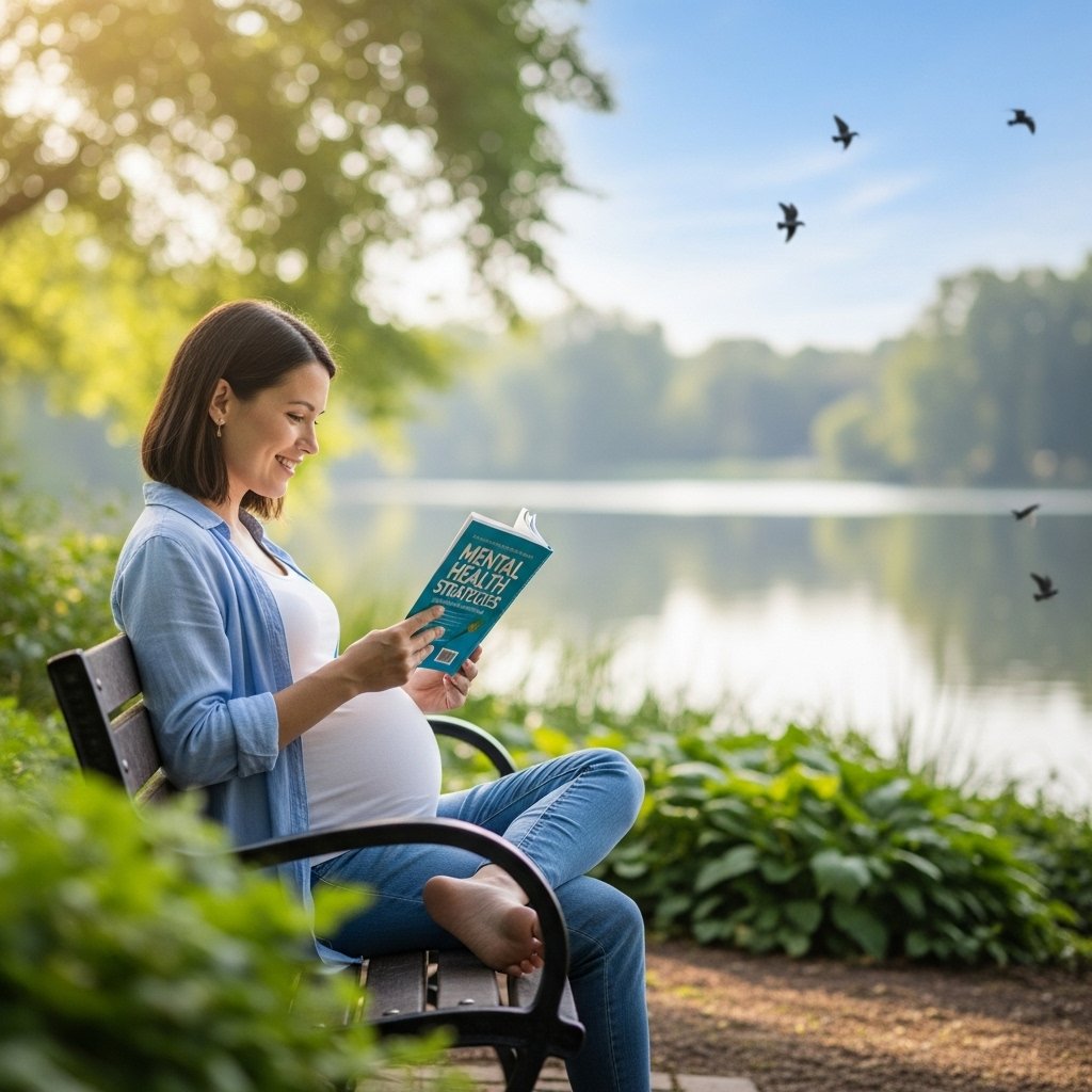 A serene, pregnant woman sitting on a park bench, surrounded by lush greenery, with a soft, warm sunlight filtering through the leaves. She has a gentle smile, reflecting a sense of calm and peace, as she reads a book on mental health strategies. In the background, a tranquil lake mirrors the clear blue sky, and a few birds flutter around, enhancing the feeling of tranquility and connection with nature. The image captures the essence of mindfulness and well-being during pregnancy., realistic, high quality, DSLR photo