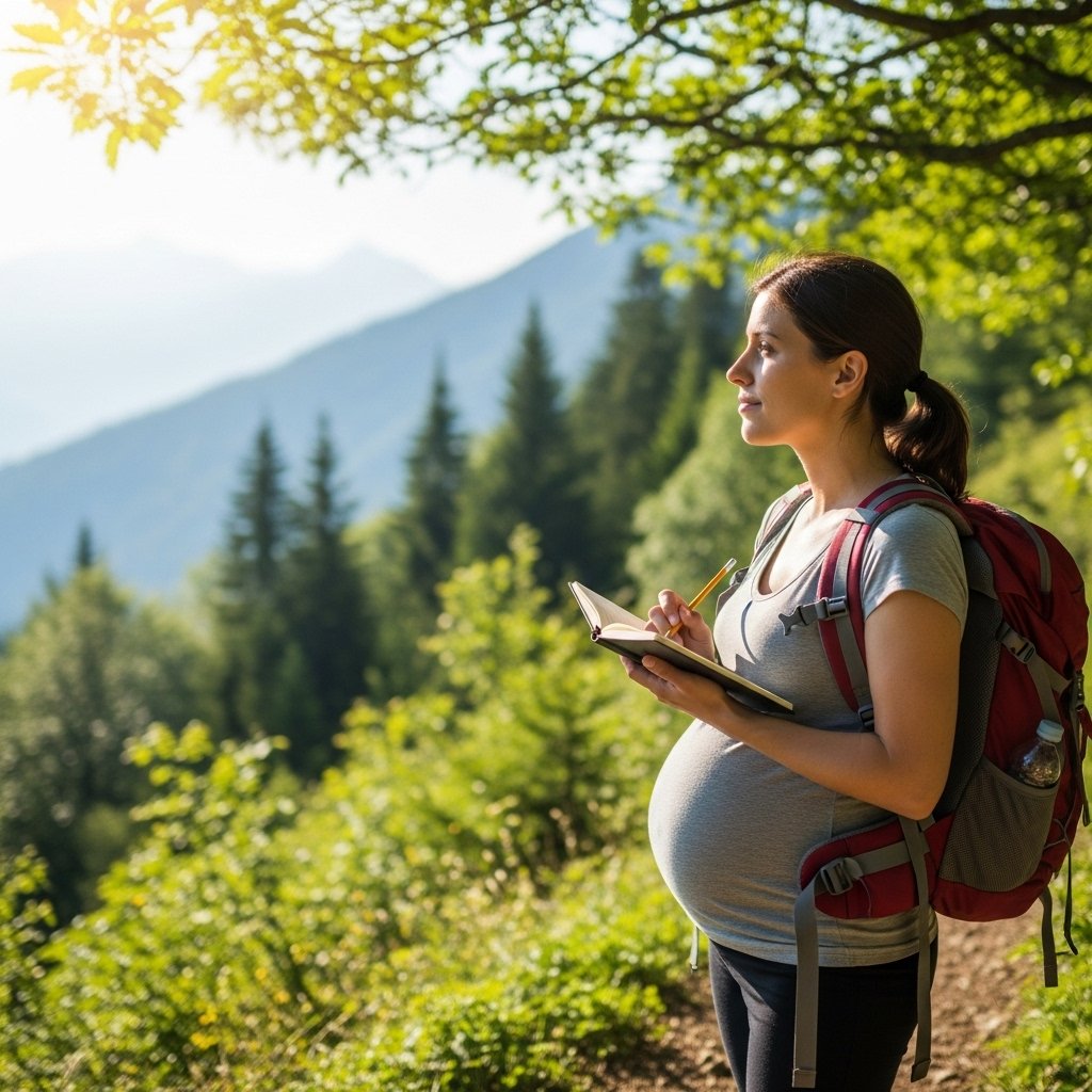 A serene scene of a pregnant woman with a backpack, standing on a picturesque mountain trail, surrounded by lush greenery and distant peaks. She gazes thoughtfully at a scenic vista, with a journal and pencil in her hand, capturing her thoughts. The sunlight filters through the trees, casting a warm glow on her face, conveying a sense of peace and connection with nature. The image should have a realistic, high-quality DSLR feel, showcasing vibrant colors and fine details., realistic, high quality, DSLR photo