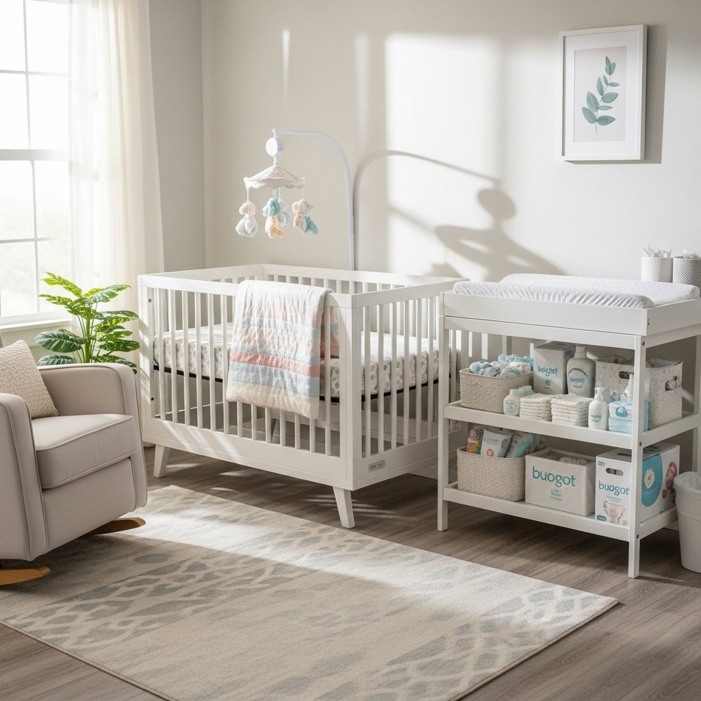 A serene, softly lit nursery prepared for the arrival of a newborn, featuring a cozy crib adorned with pastel bedding, a neatly organized changing table stocked with budget-friendly diapers and baby supplies, and a calming rocking chair in the corner. Natural light filters through a window, casting gentle shadows, while a small potted plant adds a touch of freshness to the scene, evoking a sense of warmth and readiness for labor on a budget., realistic, high quality, DSLR photo