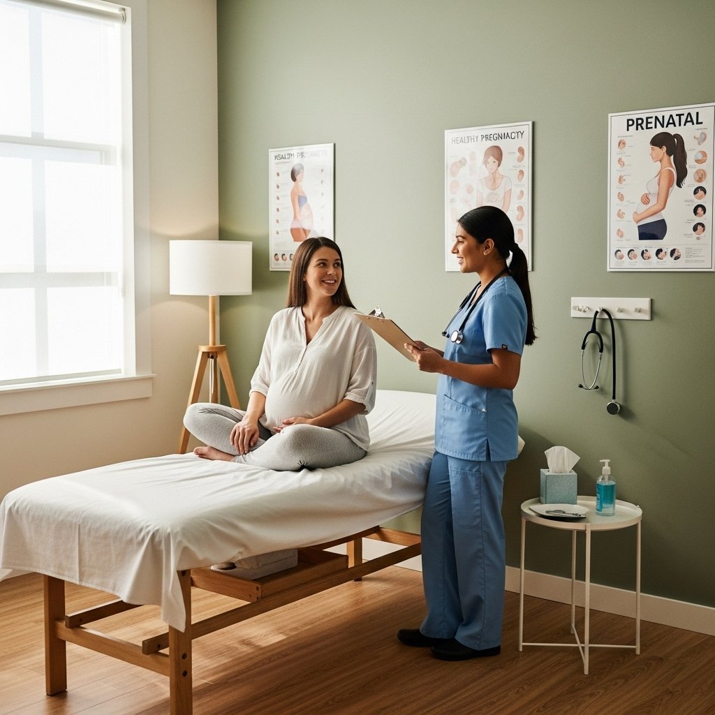 A serene, well-lit doctor's office with a warm atmosphere, featuring an expecting mother sitting comfortably on an examination table, engaged in conversation with a friendly healthcare provider. The room is adorned with prenatal posters and a stethoscope hangs nearby, while a window lets in soft natural light, creating a sense of care and professionalism., realistic, high quality, DSLR photo