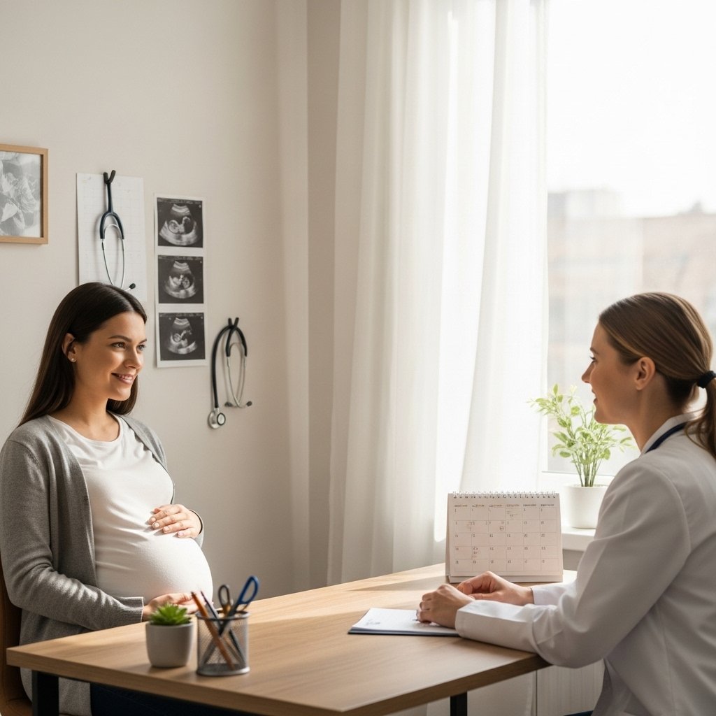A warm, inviting doctor's office with a pregnant woman sitting comfortably in an examination room, discussing her prenatal check-up with a friendly healthcare provider. Soft natural light filters through the window, highlighting a stethoscope, ultrasound images on the wall, and a pregnancy calendar on the desk. The atmosphere is calm and reassuring, showcasing the bond between patient and doctor., realistic, high quality, DSLR photo