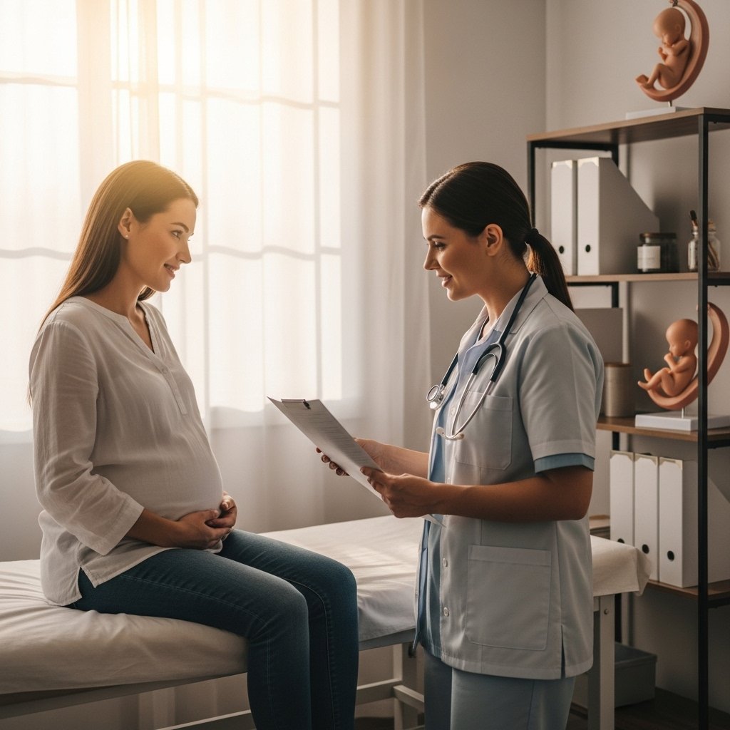 A warm, inviting doctor's office with soft natural light streaming through the window. A pregnant woman, looking relaxed and content, sits on an examination table, consulting with a caring healthcare provider who is reviewing a chart. A stethoscope hangs around the provider's neck, and a model of a developing fetus is displayed on a nearby shelf, emphasizing the importance of prenatal care. The scene conveys a sense of trust and professionalism, highlighting the emotional connection between the patient and provider., realistic, high quality, DSLR photo