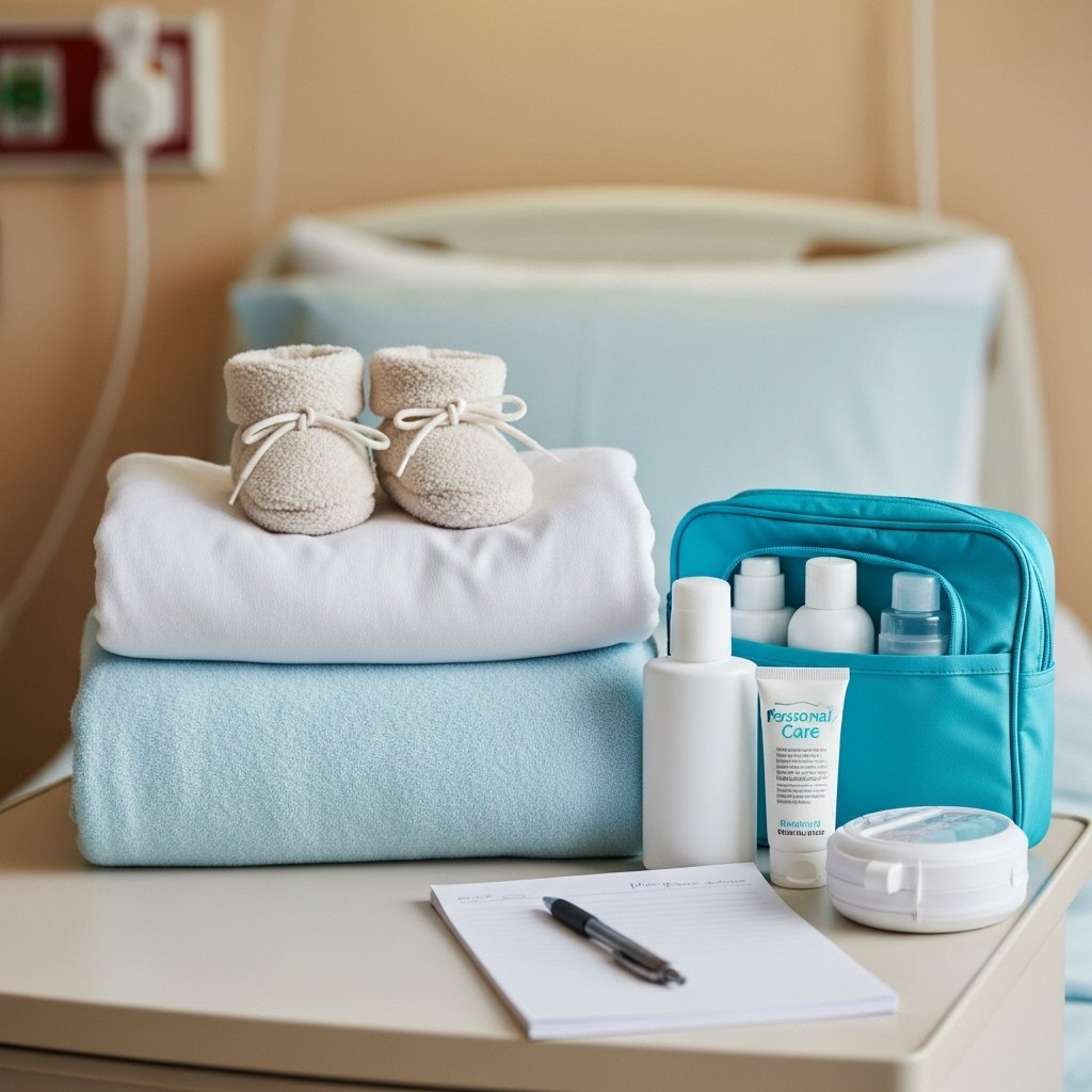 A well-organized hospital bag on a bedside table, featuring a neatly folded baby blanket, a pair of soft booties, a personal care kit with toiletries, and a notepad with a pen, all set against a softly lit, cozy hospital room background. The focus is on the essentials, showcasing a sense of calm and readiness for the upcoming labor and delivery., realistic, high quality, DSLR photo